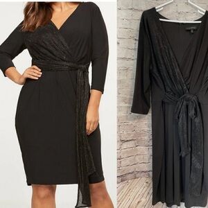 Lane Bryant Shimmer‎ Faux Wrap Dress Surplice Black Metallic Stretch Plus 24